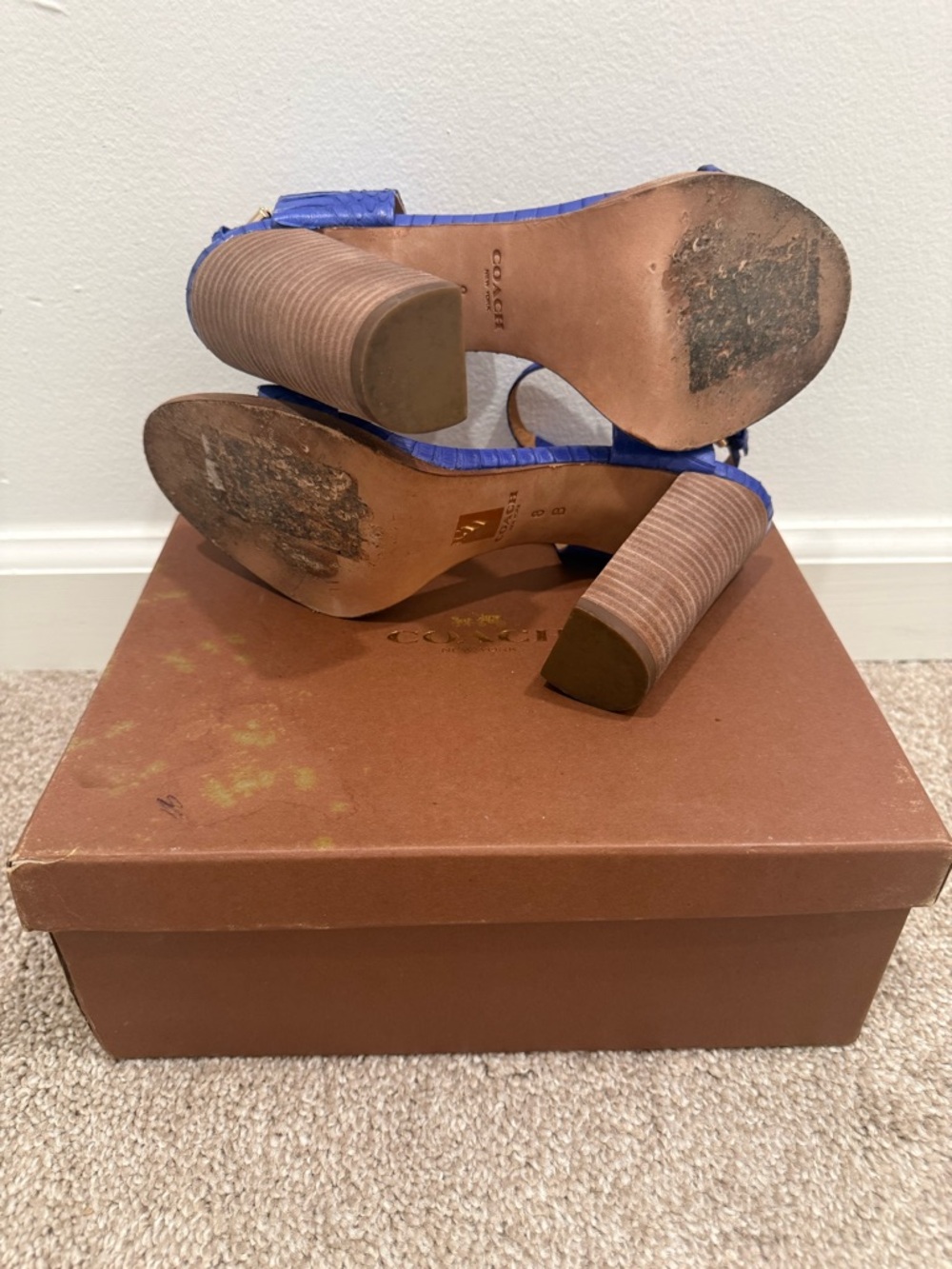 Coach Cobalt Blue Textured Leather Ankle-Strap Block Heels - Picture 3 of 3